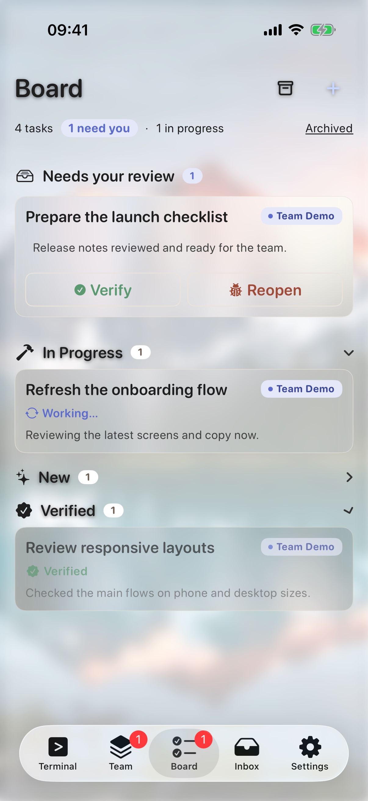 Termio Board — 84 tasks, 65 verified, with each card's result summary