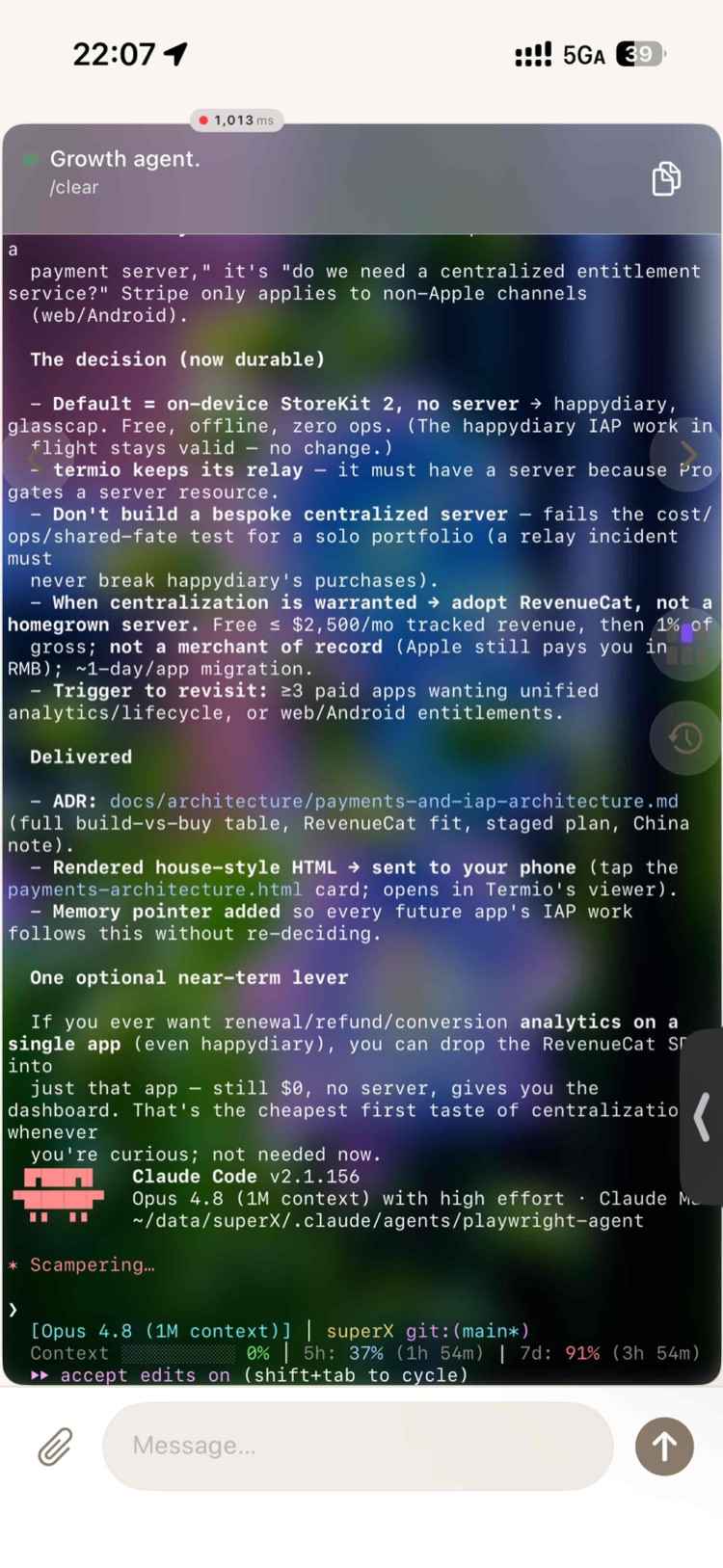 Termio conversation view showing a live agent session with a message input bar