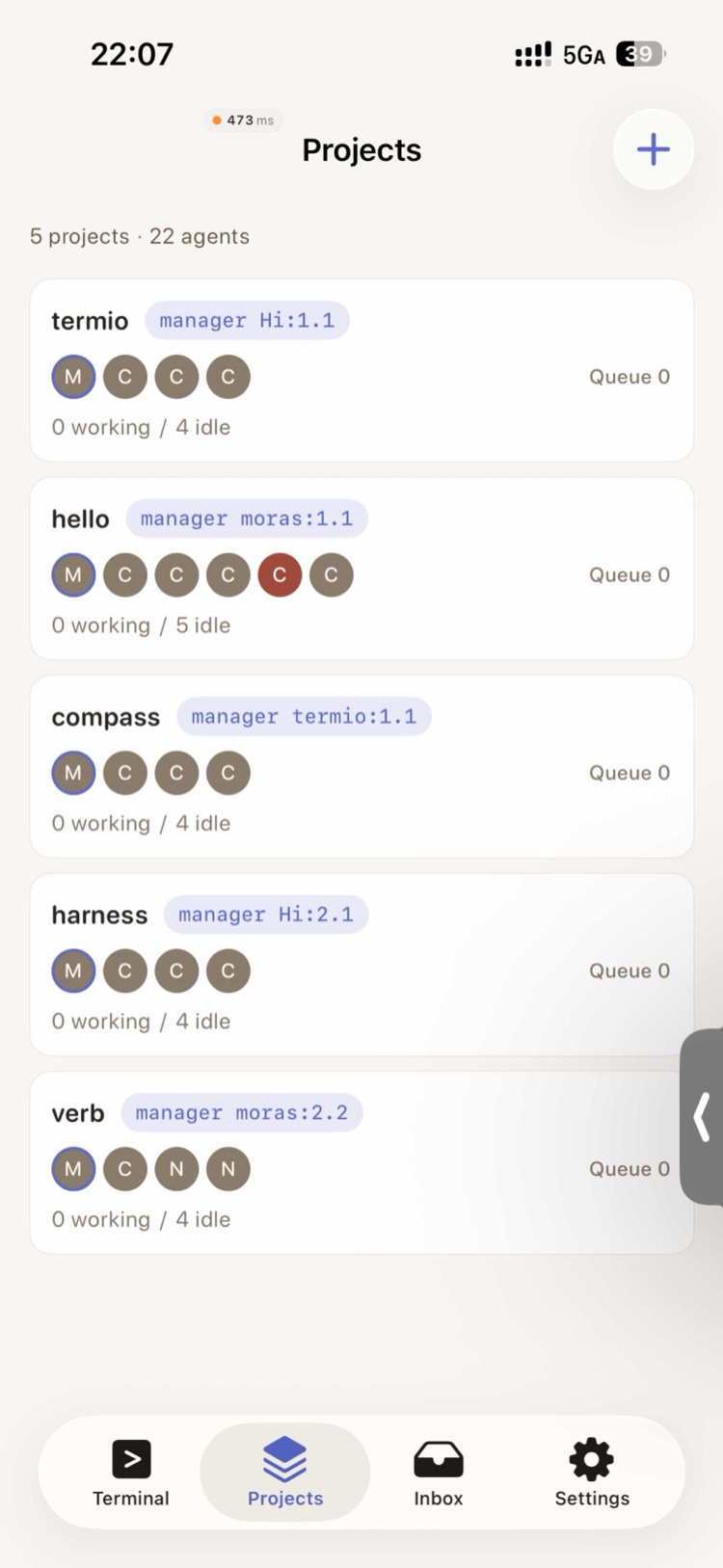 Termio Projects screen — every project and its agents on your Mac, with working/idle counts