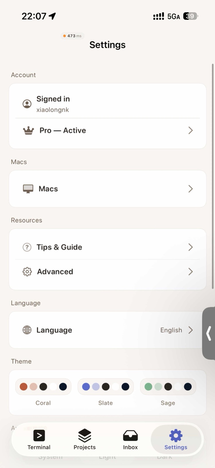Termio Settings screen with account, paired Macs, language, and color theme options