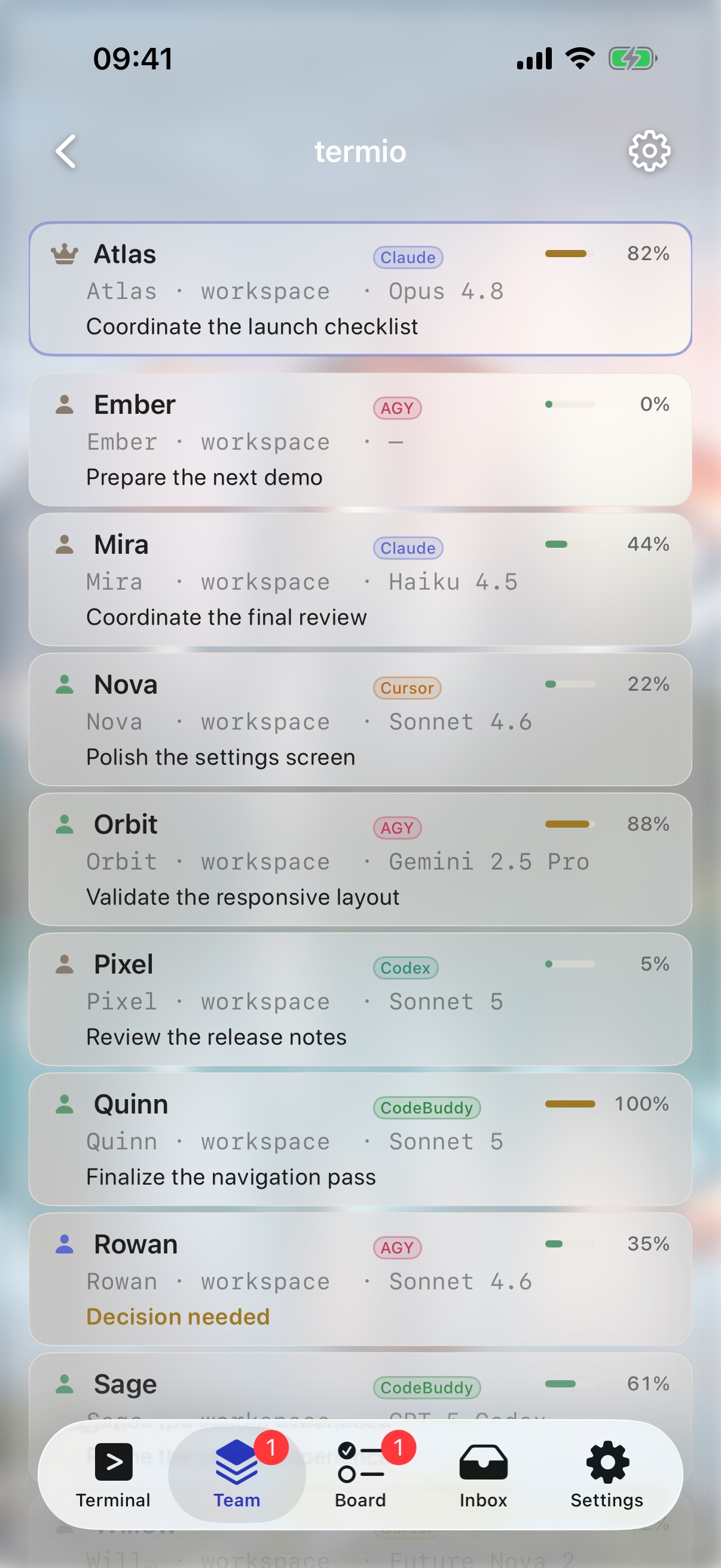 Termio Agent Team roster — a manager and mixed-kind workers (Claude, CodeBuddy, AGY) with live context usage